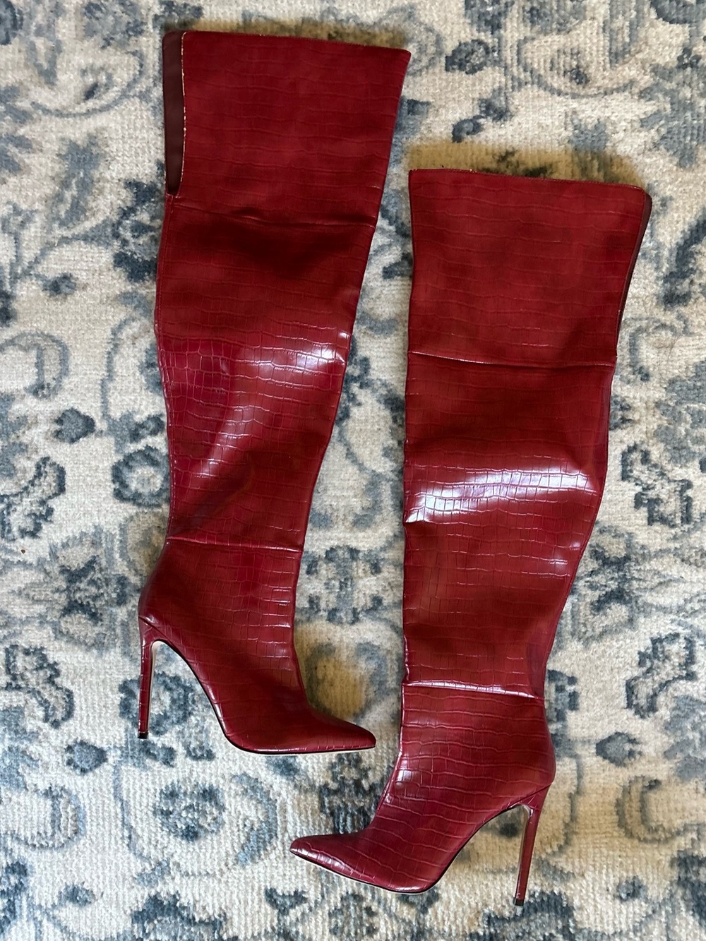 Over the Knee Deep Red Wine Croc Faux Leather Sexy Glam Tall Stiletto Boots 8.5